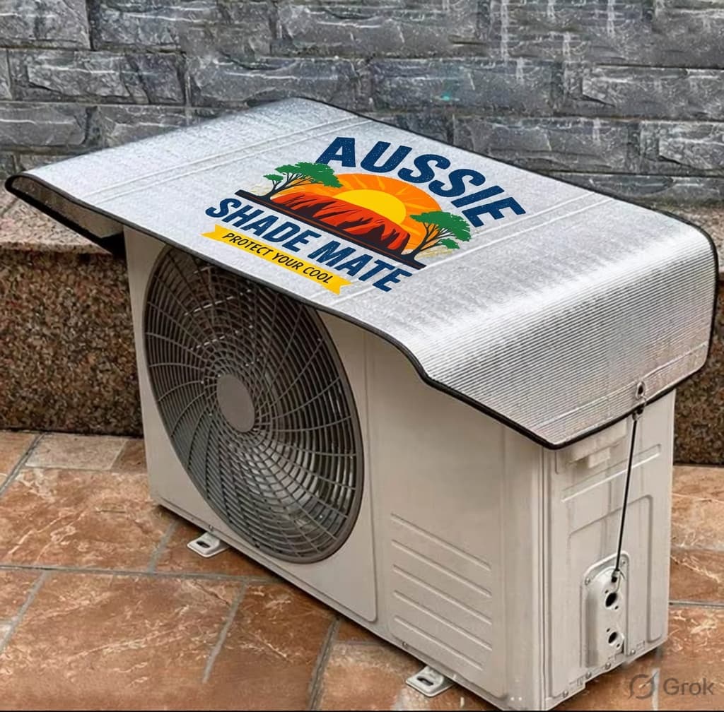 Branded ShadeMate cover with Aussie Shade Mate logo fitted on an outdoor aircon unit