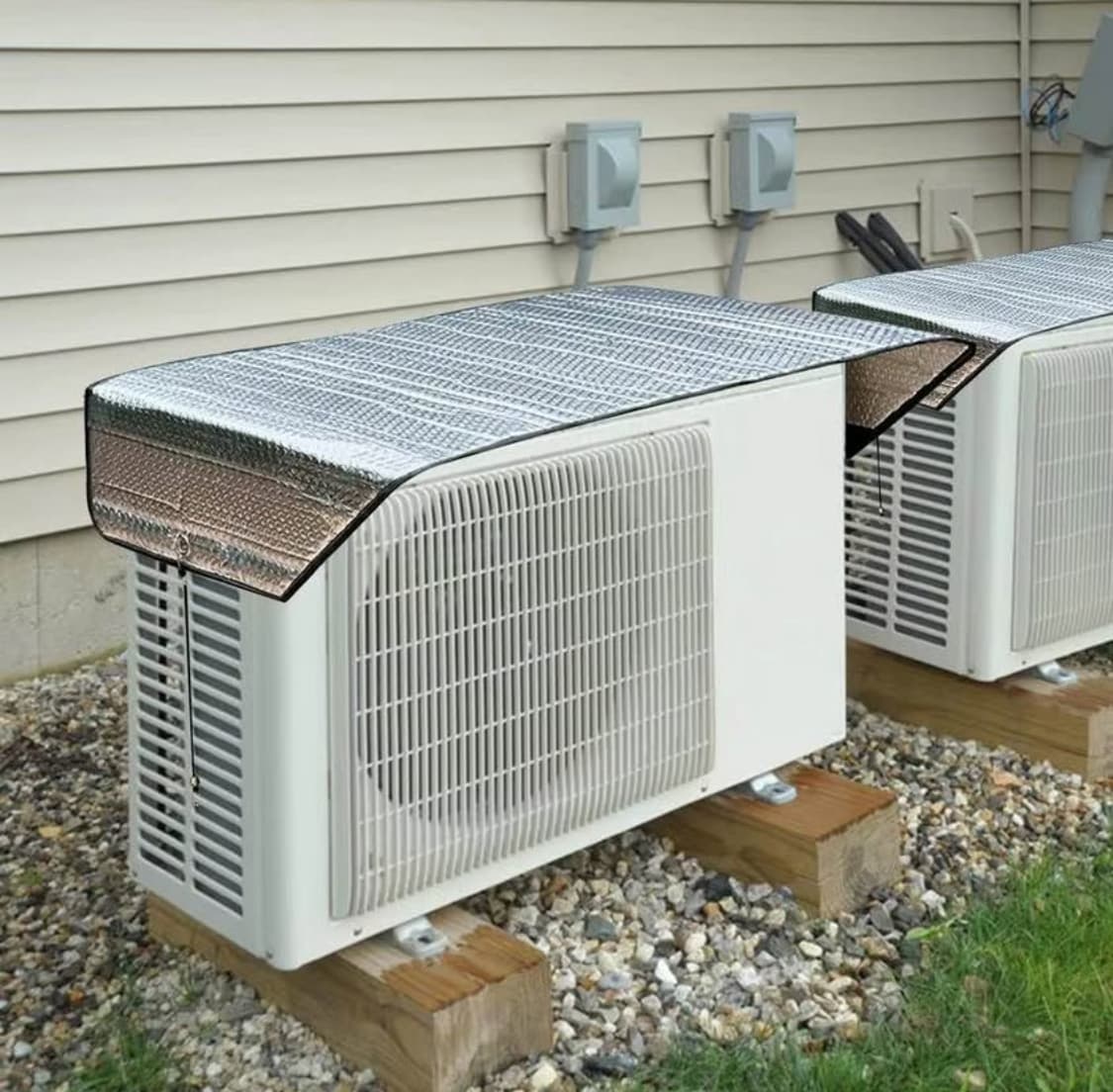 Two outdoor aircon units side by side wearing ShadeMate covers